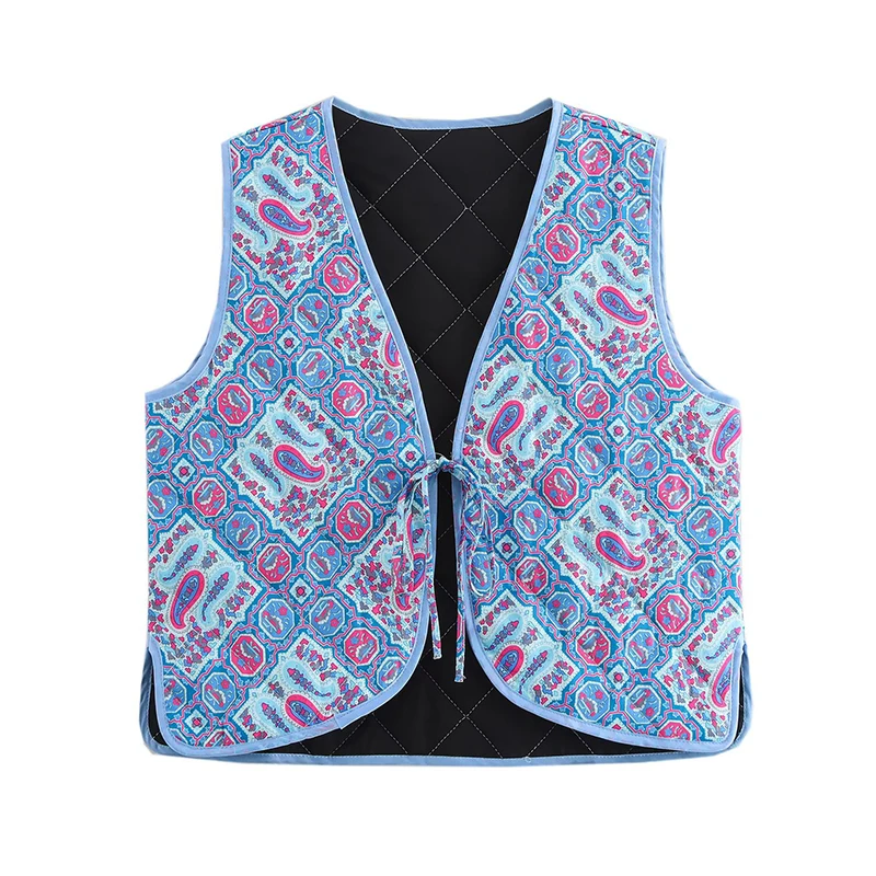 Chic Fashion Vintage Printed Vest Woman Front Tied Short Vests For Women Sleeveless Jacket Casual Waistcoat New Cropped Coat﻿