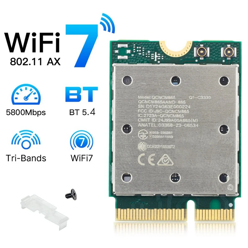 SCLS Wifi7 QCNCM865 Bluetooth 5.4 Wireless Network Card Tri Band 2.4G/5G/6Ghz Network 5800M M.2 NGFF Wireless Adapter
