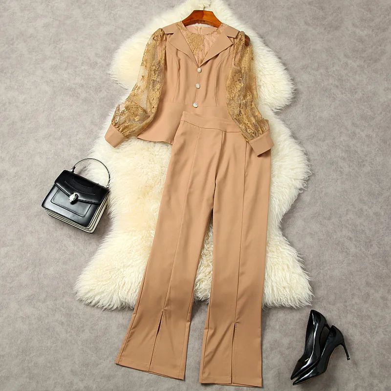 

Women's Suit Autumn 2022 New Lace Patchwork Blazer Long Sleeves Top + Slimming Split Bell-Bottomed Trousers Two Piece Set Female