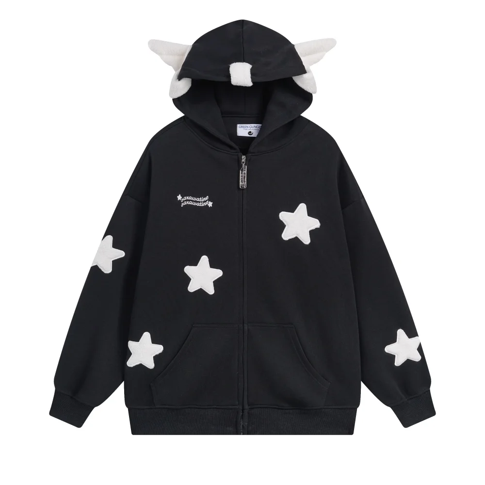 thumbnail image 1 of Sudadera con capucha holgada de ala japonesa Kawaii para mujer, cárdigan de manga larga con cremallera y Estrella, abrigo de gran tamaño Y2K, dulce y lindo, otoño, 1 of 3