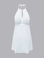English: Women White Halter Neck Lace Babydoll Lingerie Dress Hollow Front Bow Sheer Mesh Loose Sleepwear Sexy Nightgown - Image 5