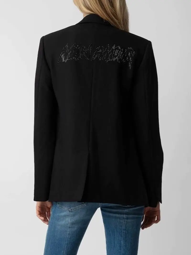 

Women Back Letter Rhinestone Blazer Notched Single Breasted Long Sleeve Fashion Spring 2024 Suit Coat