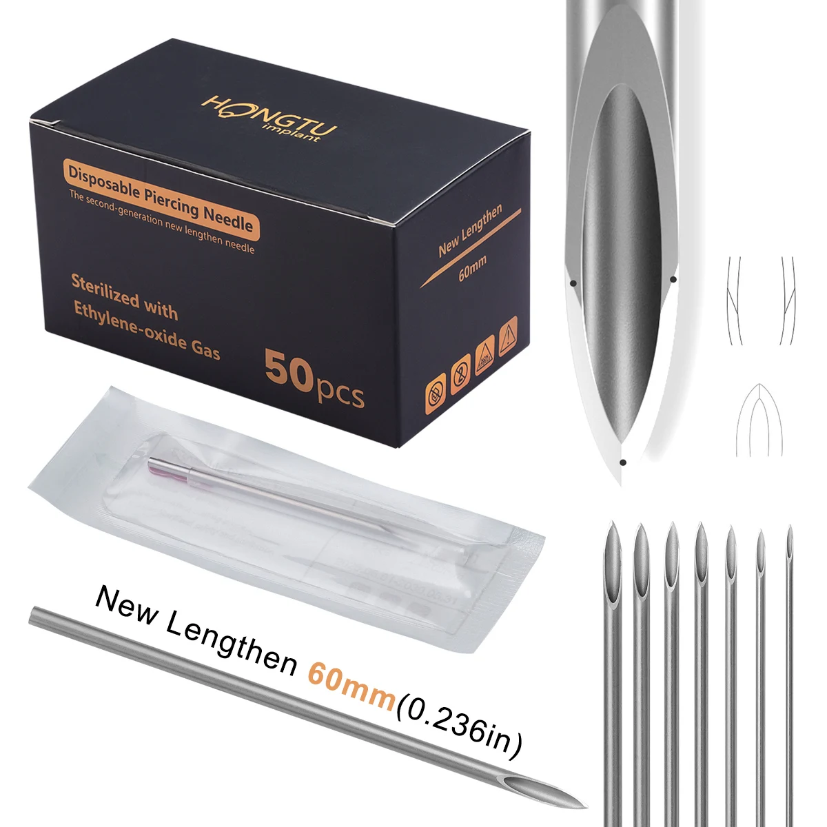 50pcs/Box 60mm New Length Body Piercing Needles Sterilized Disposable Needle Tongue Belly Lip Nose Ear Cartilage Piercing Tool