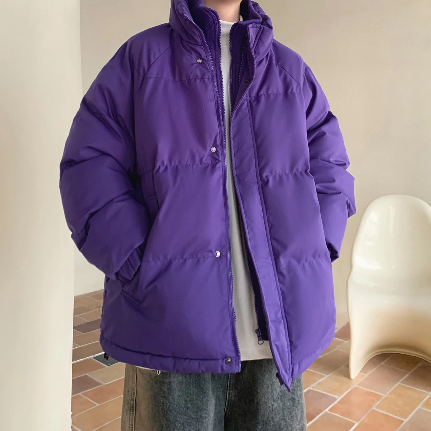 2023 Autumn Winter Men Fashion Solid Color Bright Cotton Clothes Fashion Fake Two Piece Hooded Padded Casual Loose Wadded Jacket