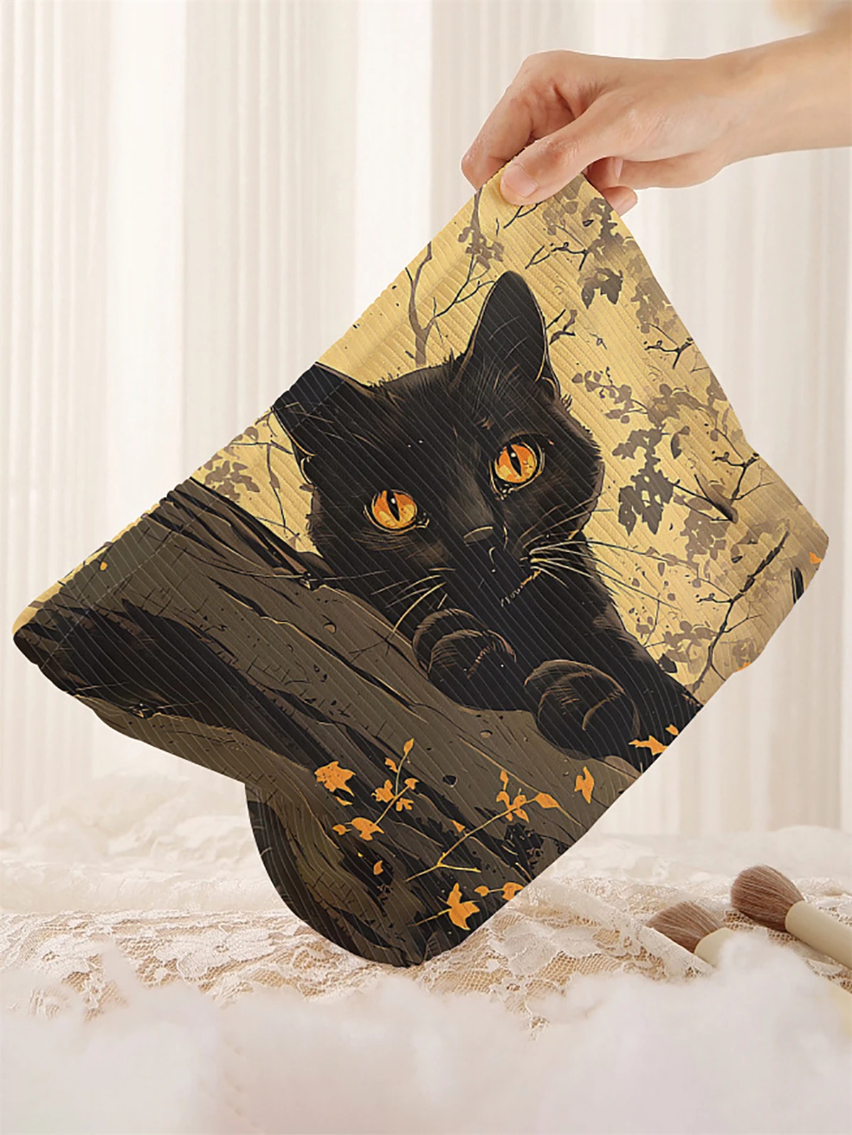1 black cat patterned corduroy zipper makeup bag, lightweight and multifunctional makeup storage bag