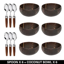 Natural coconut bowl set handmade coconut shell tableware wood spoon dessert fruit salad mixing bowl rice Ramen bowl 12-15cm