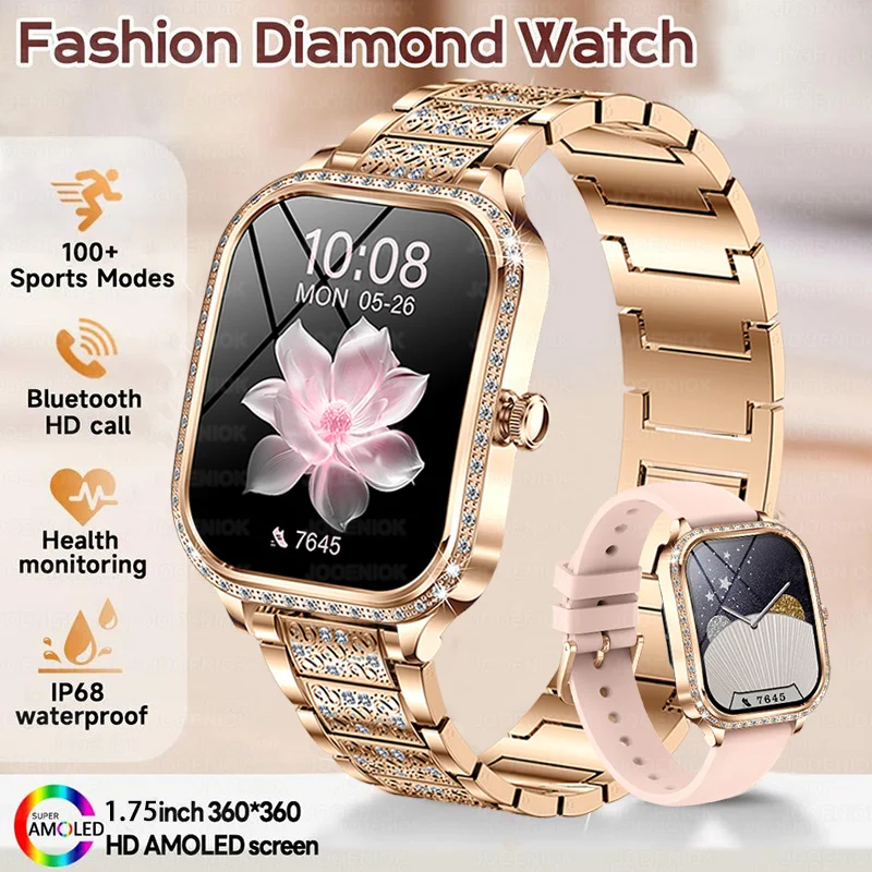 Montre connectée élégante pour femme avec diamants, écran HD 1,75 pouce 360*360, suivi de la fréquence cardiaque et de l'oxygène sanguin, appels Bluetooth, Nouveauté 2026 1