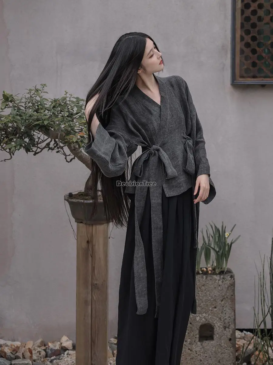 

2023 chinese cotton linen new improved lace-up cross collar top long skirt retro zen women elegant chinese two piece set s339