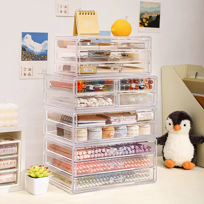 Acrylic transparent drawer Multi functional 3-layer pen holder large desk organizer Tape notebook storage office supplies