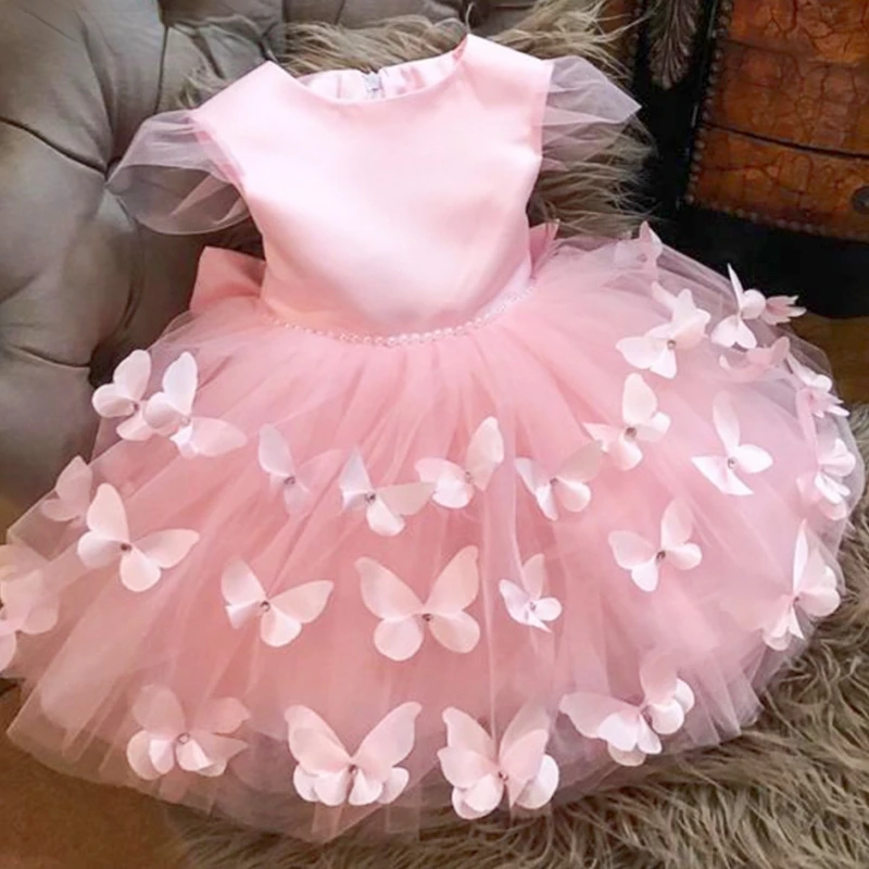

Elegant Pink Flower Girls Dress Beading Waistband Bow Applique Tulle Princess Prom Party Formal Birthday First Communion Gowns