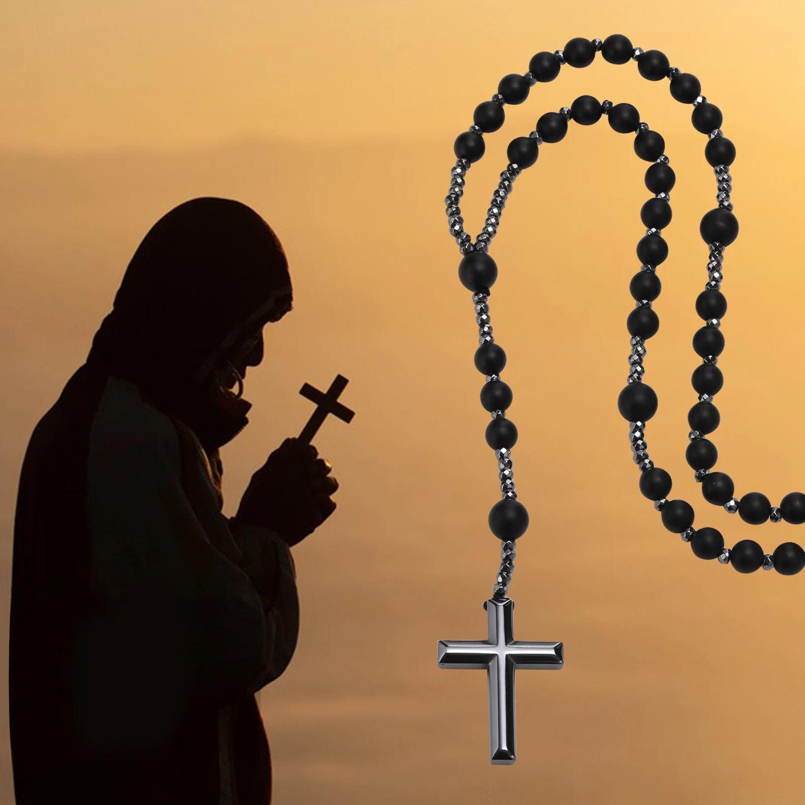 Schwarz Perlen Kreuz Rosenkranz Halsketten für Männer, Männlichen Power Balance Hämatit Kette Halskette, Religiöse Glauben Gebet Schmuck – Detail 3