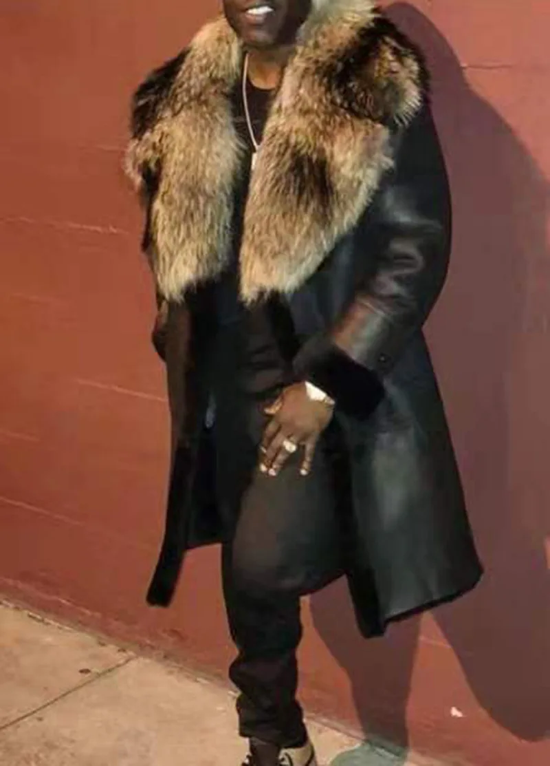 Men's PU Fur One-piece Long Coat 2022 Winter Fashion New Imitation Crystal Fox Hair Large Collar Overcoat |
