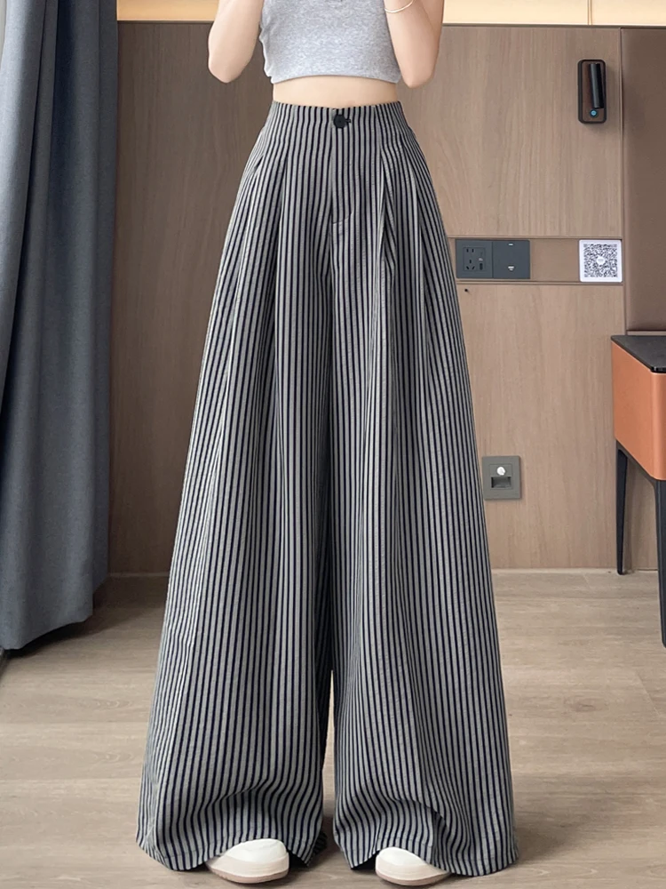 Ice Silk Cotton Linen Striped Wide Leg Pants Women Summer Thin High Waist Drape Casual Straight Floor Length Suit Pants