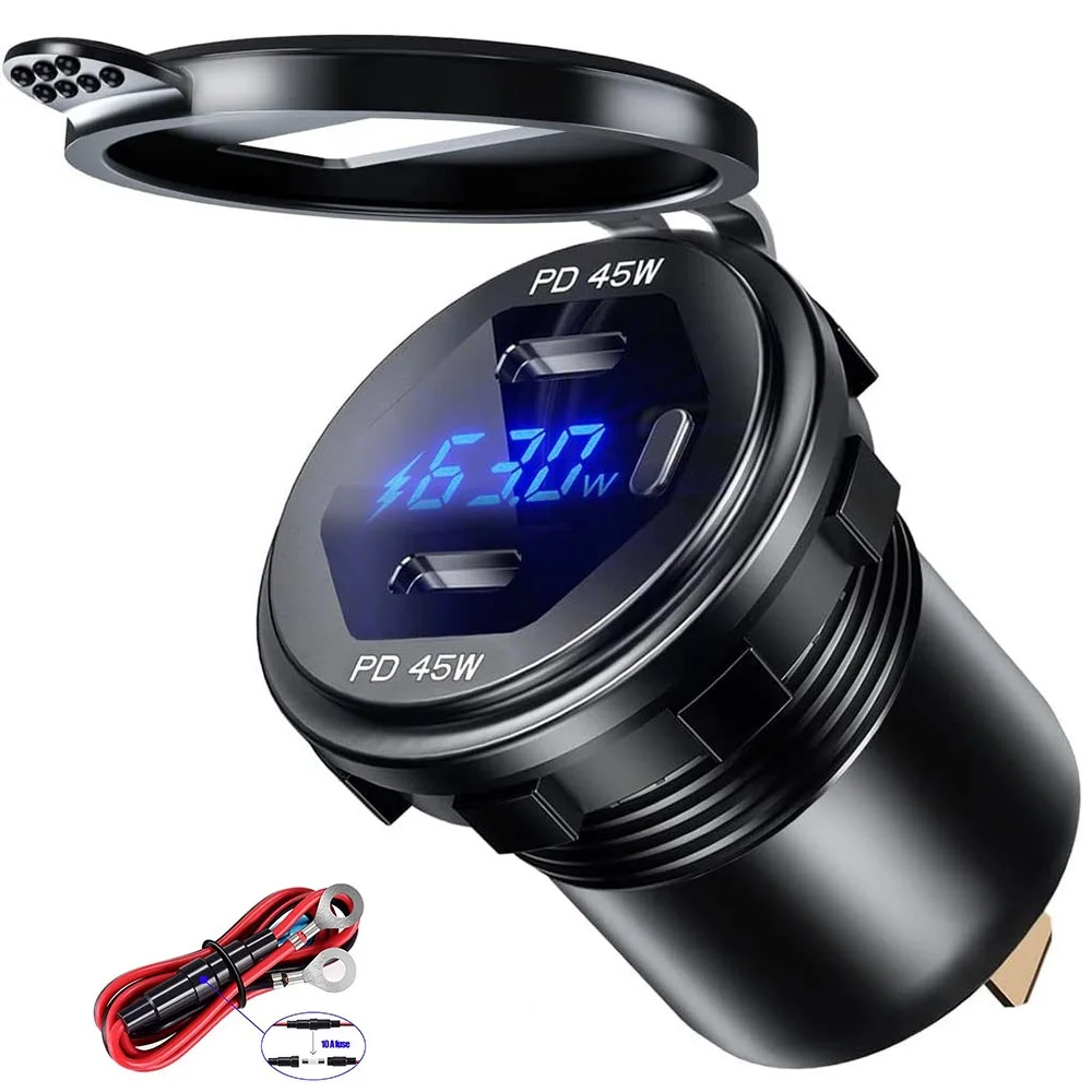12v Usb Charger Pd Type C Car Charger Socket Dual Usb Charger Socket 90w Waterproof Power Outlet Fast Charge Motorcycle Car - Mobile Phone Chargers -