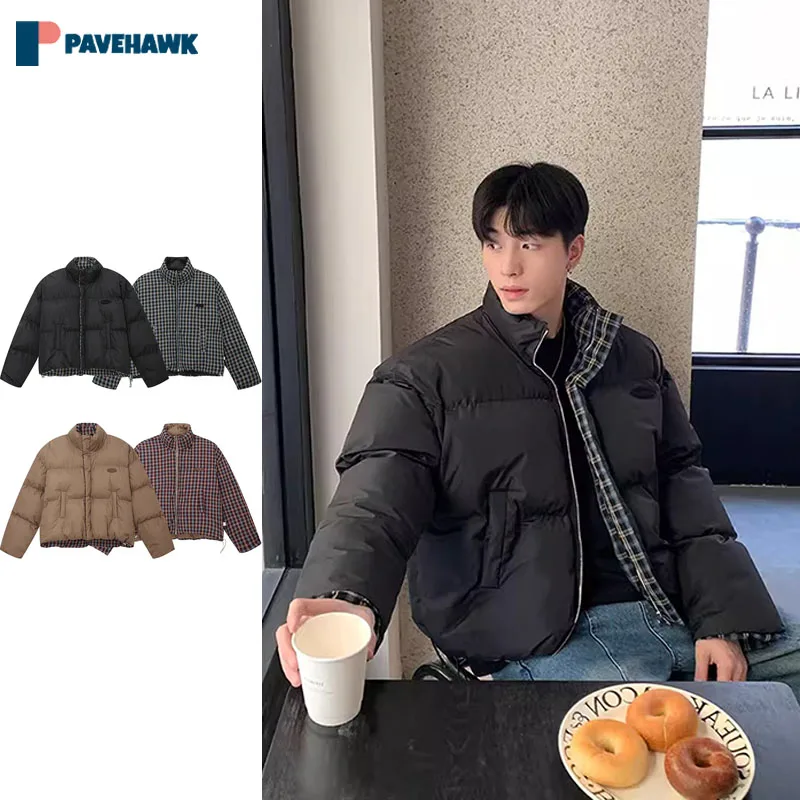 

Winter Two-sided Padded Jackets Man Woman Japanese Retro Loose Stand Collar Short Parkas Unisex Thicken Warm Casual Bubble Coats