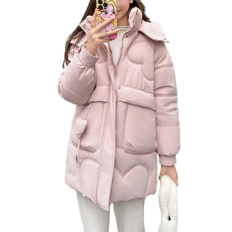 

Mid Long Hooded Cotton Padded Coat For Women Korean Loose Thicken Parkas Women 2023 New Pocket Warm Winter Jackets Female