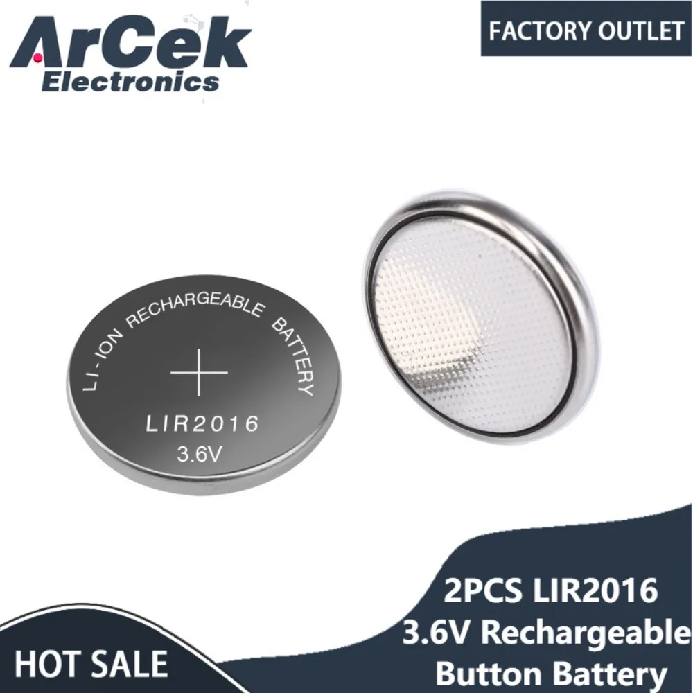 

2PCS LIR2016 3.6V Li-on Rechargeable Button Coin Cell Battery Can Replace CR2016 LM2016 for Watches Car Key Remote Control Toy