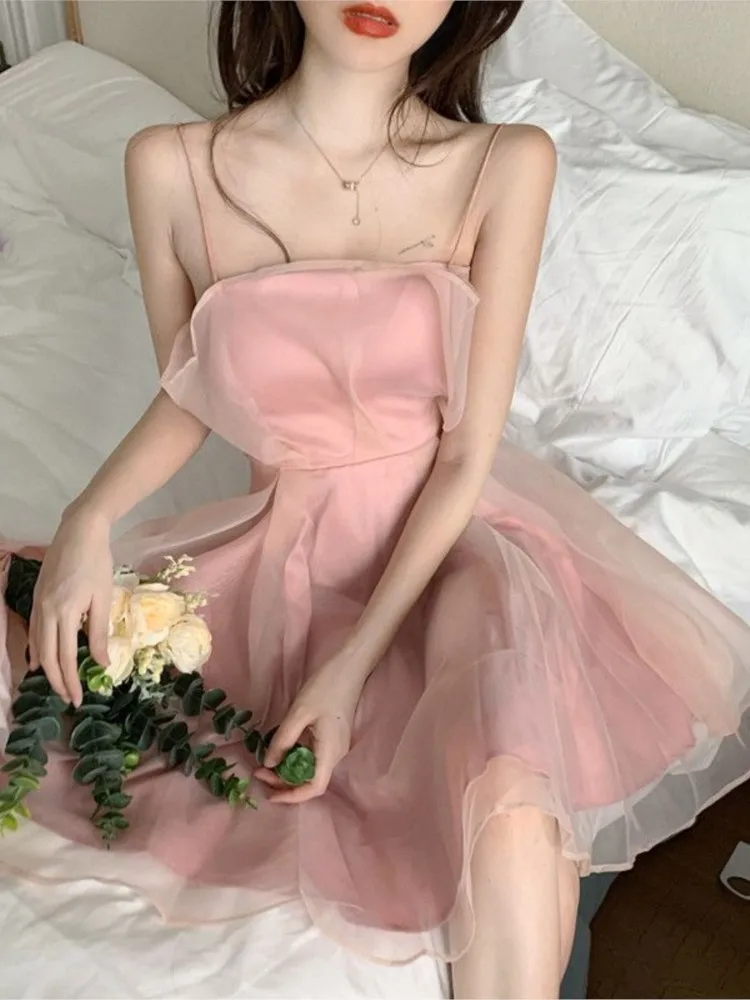 Mesh Sleeveless Mini Dresses Women Summer Elegant Sexy Cute Holidy High  Waist A-line Harajukiu Stylish