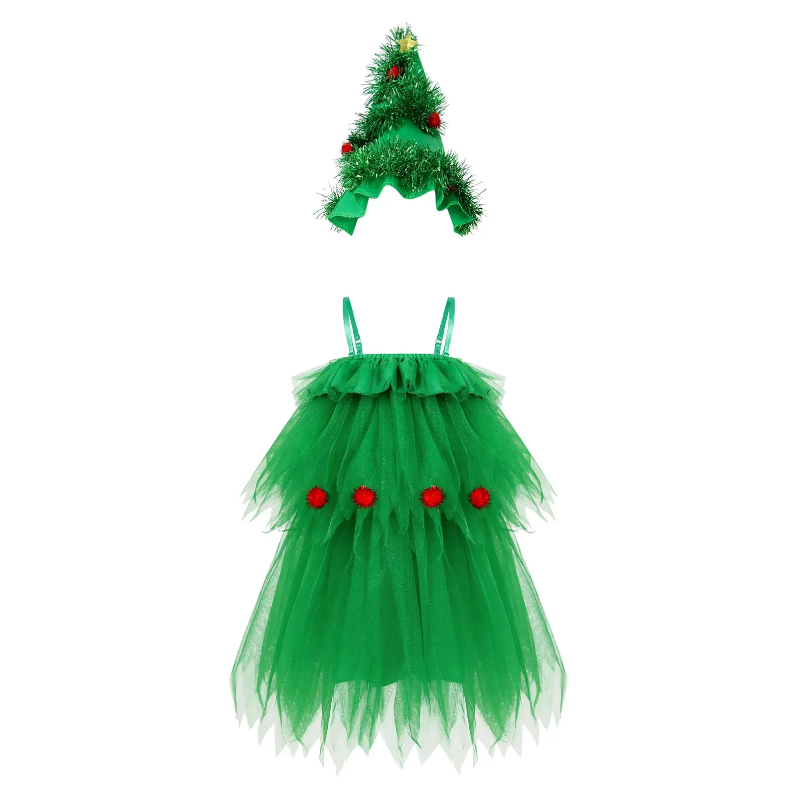 

Kid Girl Green Christmas Elf Costume Layered Mesh Cami Dress Teenager Ballet Performence Party Outfits Xmas Cosplay Elf Princess