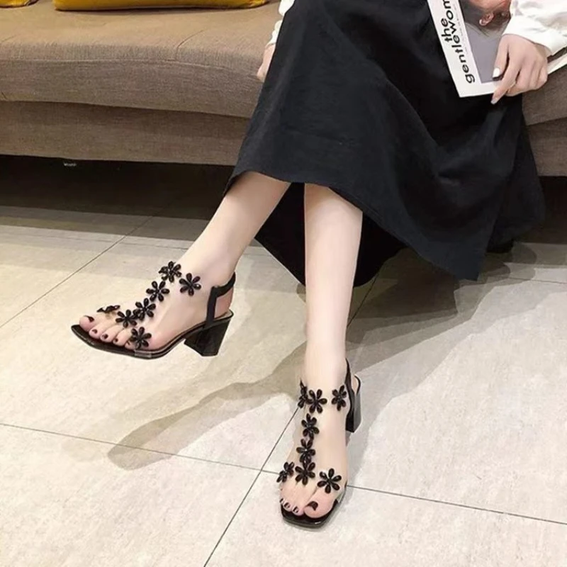 Zapatos de tacón cuadrado con de flores pequeñas para mujer, Sandalias de tacón alto transparentes con diamantes de imitación, 2022 -