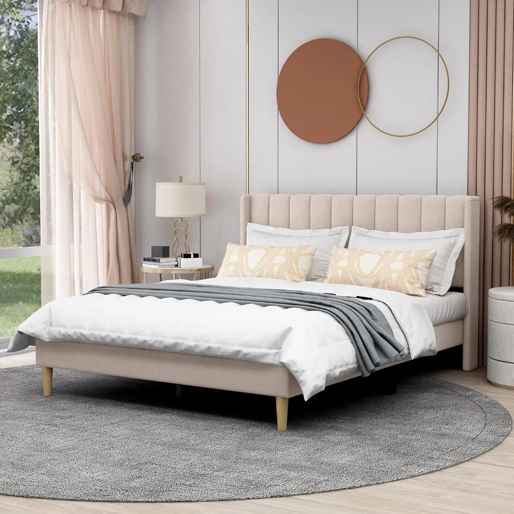 

Upholstered Platform Bed Frame Queen Size with Headboard and Footboard Wooden Slats Support No Box Spring Needed