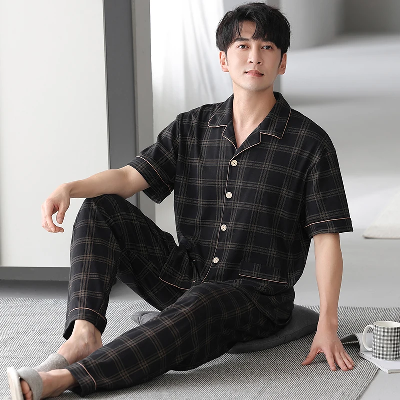 

Summer M-4XL Men Pajama Set Knited Cotton Turn-down Collar Sleepwear Short Tops+Long Pants Pyjamas