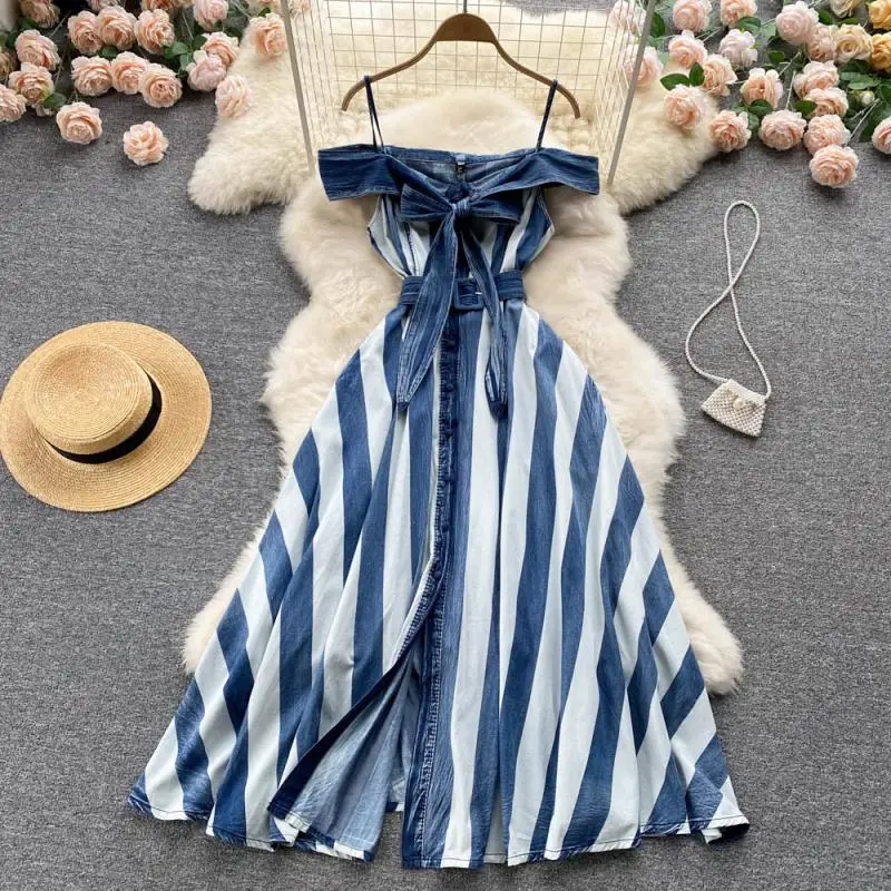 

2022 Spring New Korean Fashion Off Shoulder Striped Denim Suspender Dress High Waist Slim Long Dress