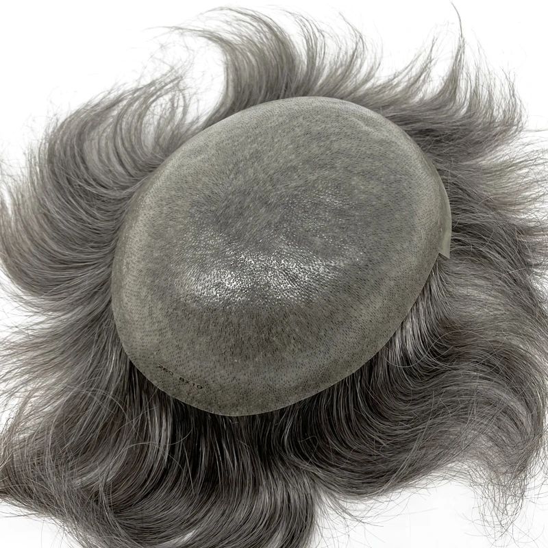 Grey Hair V looped Remy Human Hair Thin PU Toupee Thin Skin Base Hair Piece For Men
