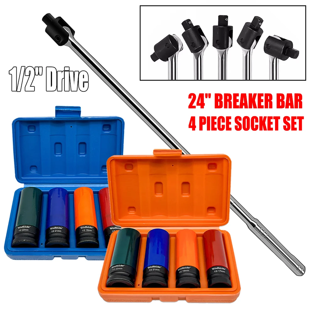 Breaker Bar 1/2" Dr 24" Long Strong Arm Power Bar 600mm and 4PCS Wheel Nut Socket Set 17-36MM with Case