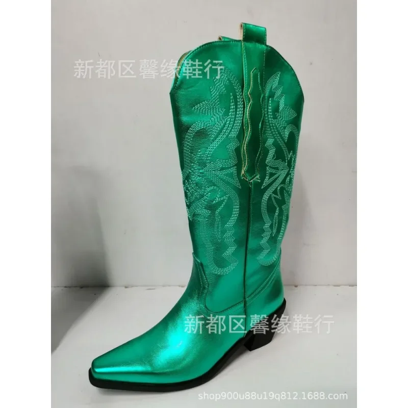 Cowboy White Western Boots New Punk Cool Cowgirl for Women Mid-Calf Boots Embroidery Chunky Heeled Boots Women's Calf Boots - 6