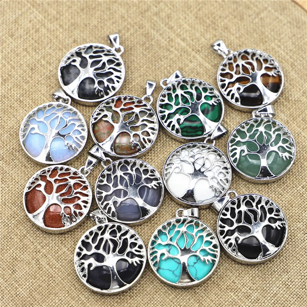 New 12pcs Fashion Natural Stone Alloy Tree of Life Men Pendants Necklace Designer Charms for Jewelry Accessories Marking Bulk