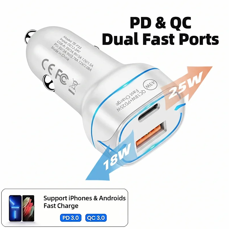 43W 고속 차량용 충전기 듀얼 포트 USB C PD 25W 및 QC 18W 타입 C 차량용 전원 어댑터 (블루 LED 라이트 포함) 아이폰 및 안드로이드용