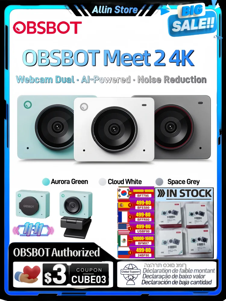 OBSBOT Meet 2 4K AI-Powered Webcam Dual omni-directional microphones with Noise reduction and Auto Gain Control Fast Auto Focus