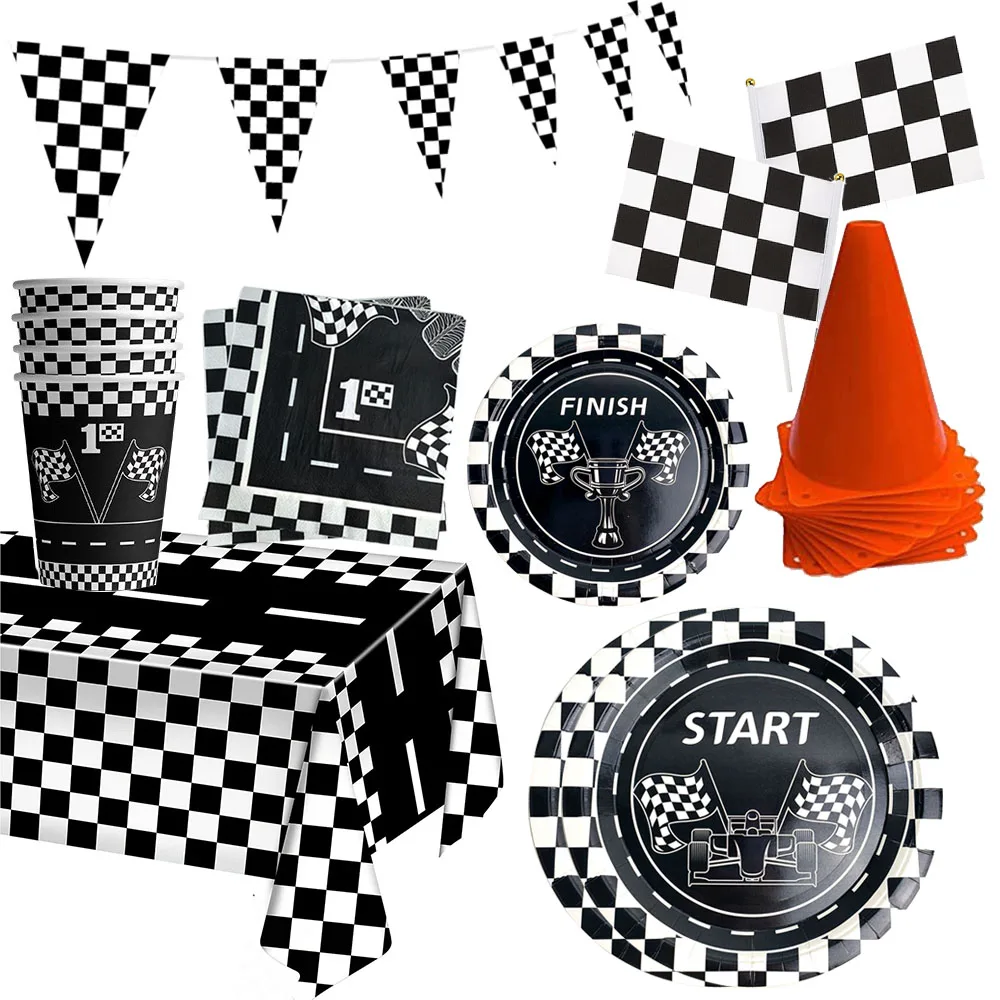 

Race Car Party Decors Black and White Checkered Flag Disposable Tableware Paper Plate Cup Napkin Racing Flags Birthday Supplies