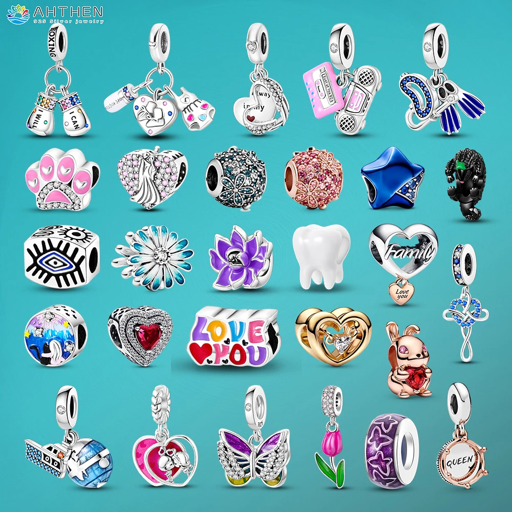 Ahthen 925 Sterling Silver Bead Butterfly Fireworks Tulip Cat Lotus Teeth Love Kiss Dangle Charms fit Original Pandora Bracelets