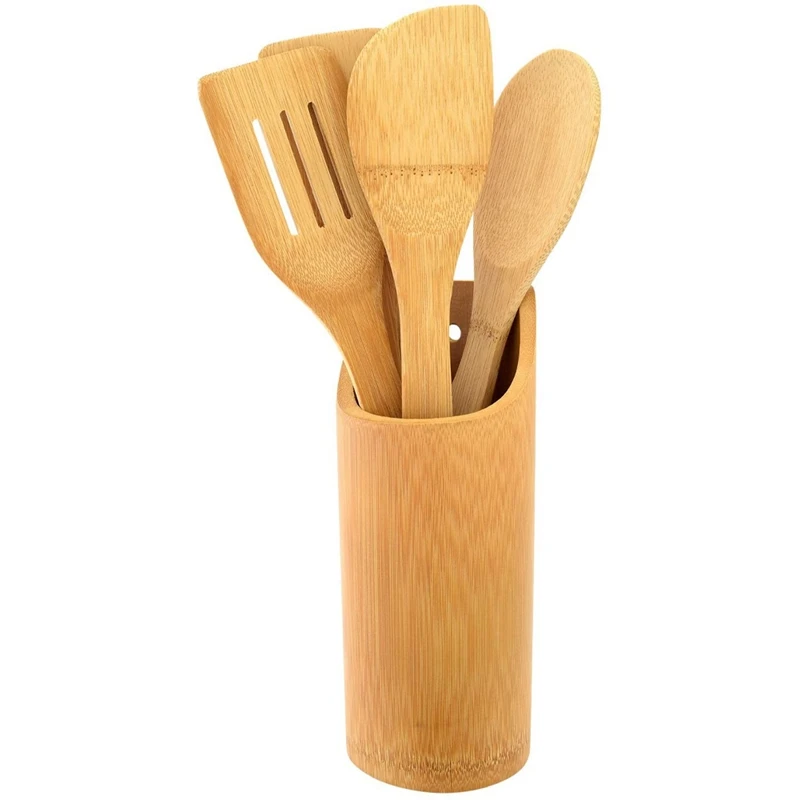 

Bamboo Cooking Utensils Set Of 5 Kitchen Wooden Serving Accessories Spoon & Spatula Set With Holder