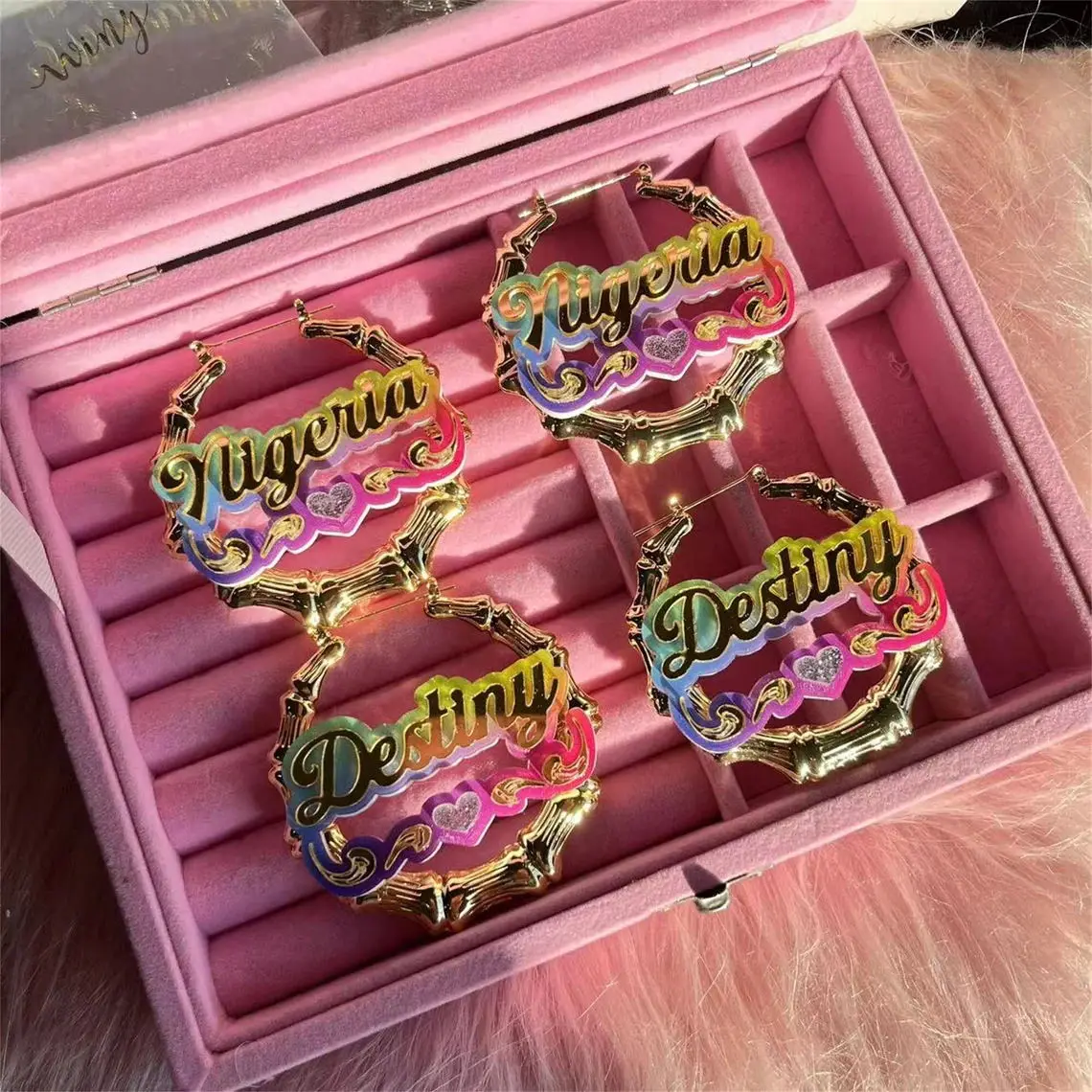 Custom Colorful Earrings Personalized Acrylic Name Bamboo Earrings Women's Custom Rainbow Name Hoop Earrings Jewelry For Women jewelry organizer box storage large size transparent acrylic display case hanging necklace earrings jewelry boxes stray kids