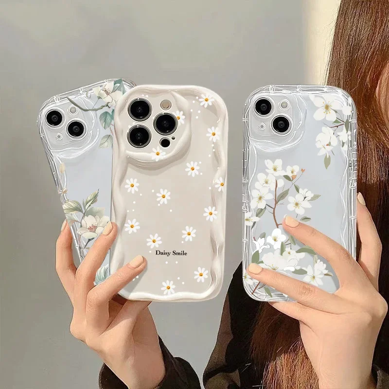 Charming Floral Green Leaf Pattern Phone Case with Wave Shell Design