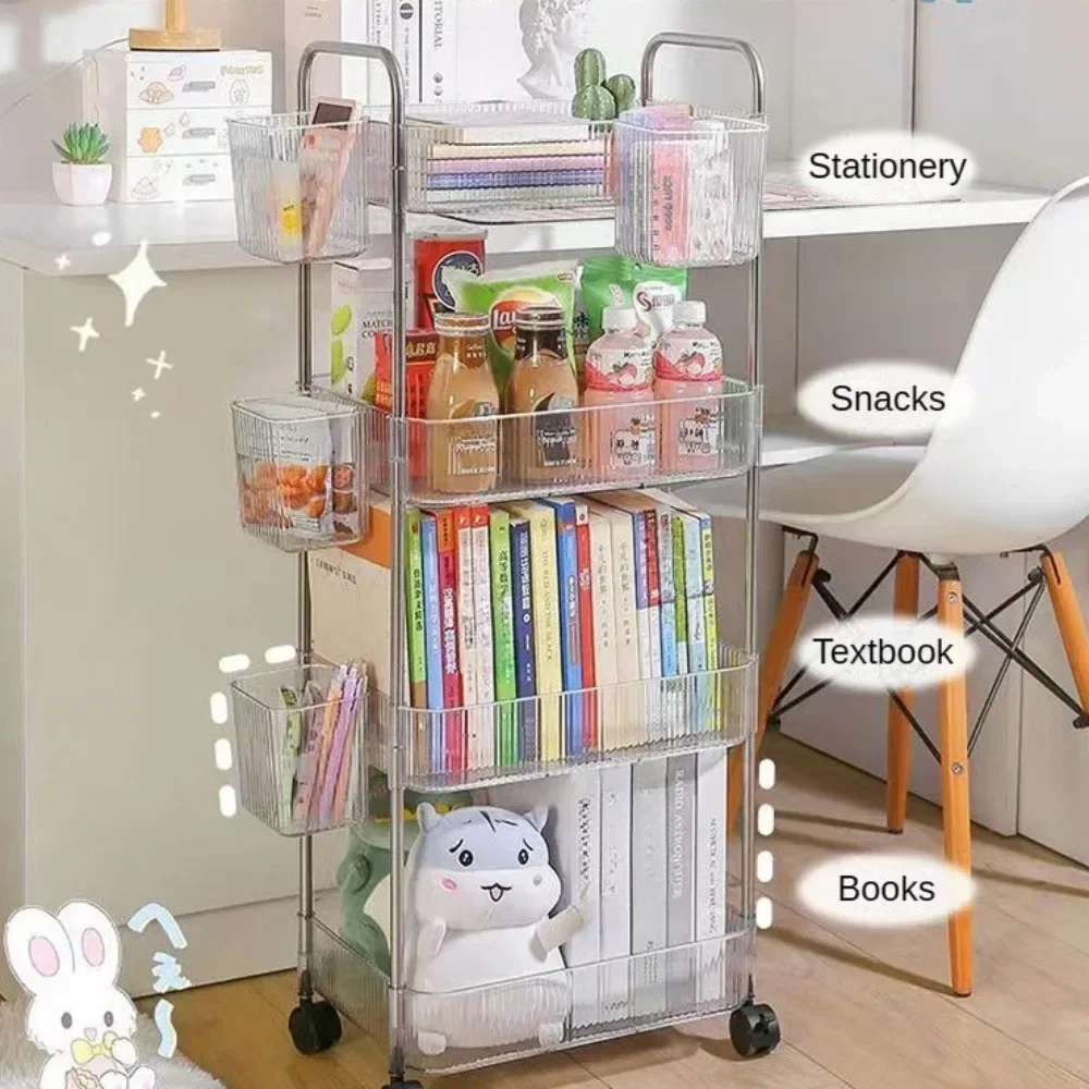 4 Tier Transparent Rolling Cart with Hanging Basket Mobile Kitchen Storage Racks Acrylic Bookshelf with Wheels Trolley Storage