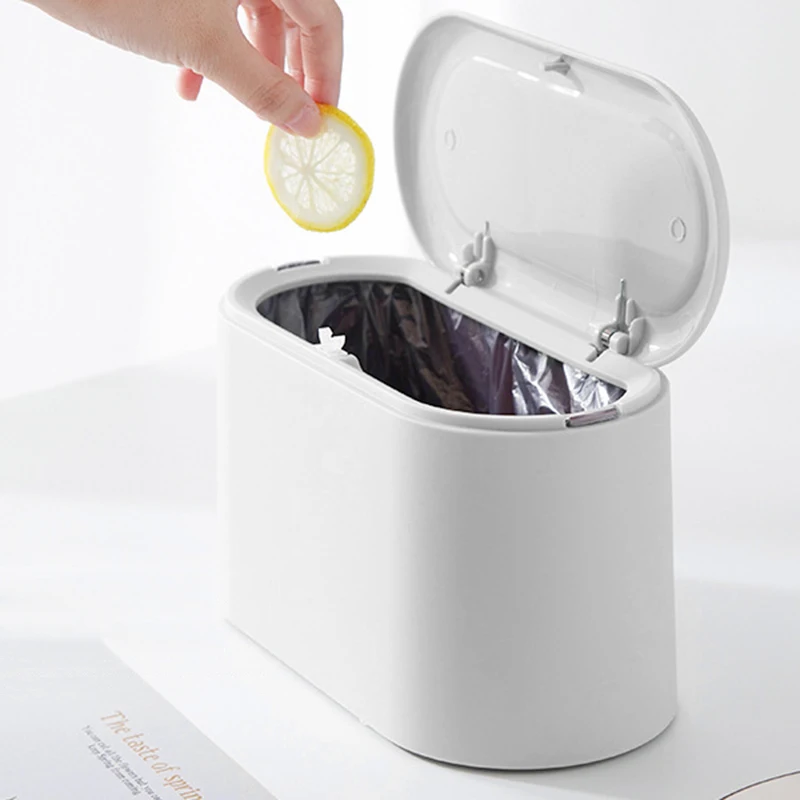 Mini Simple Office Garbage Bucket Desktop Trash Bin Durable Storage Bucket Can Automatic Pop-up Lid For Dressing Tables Home