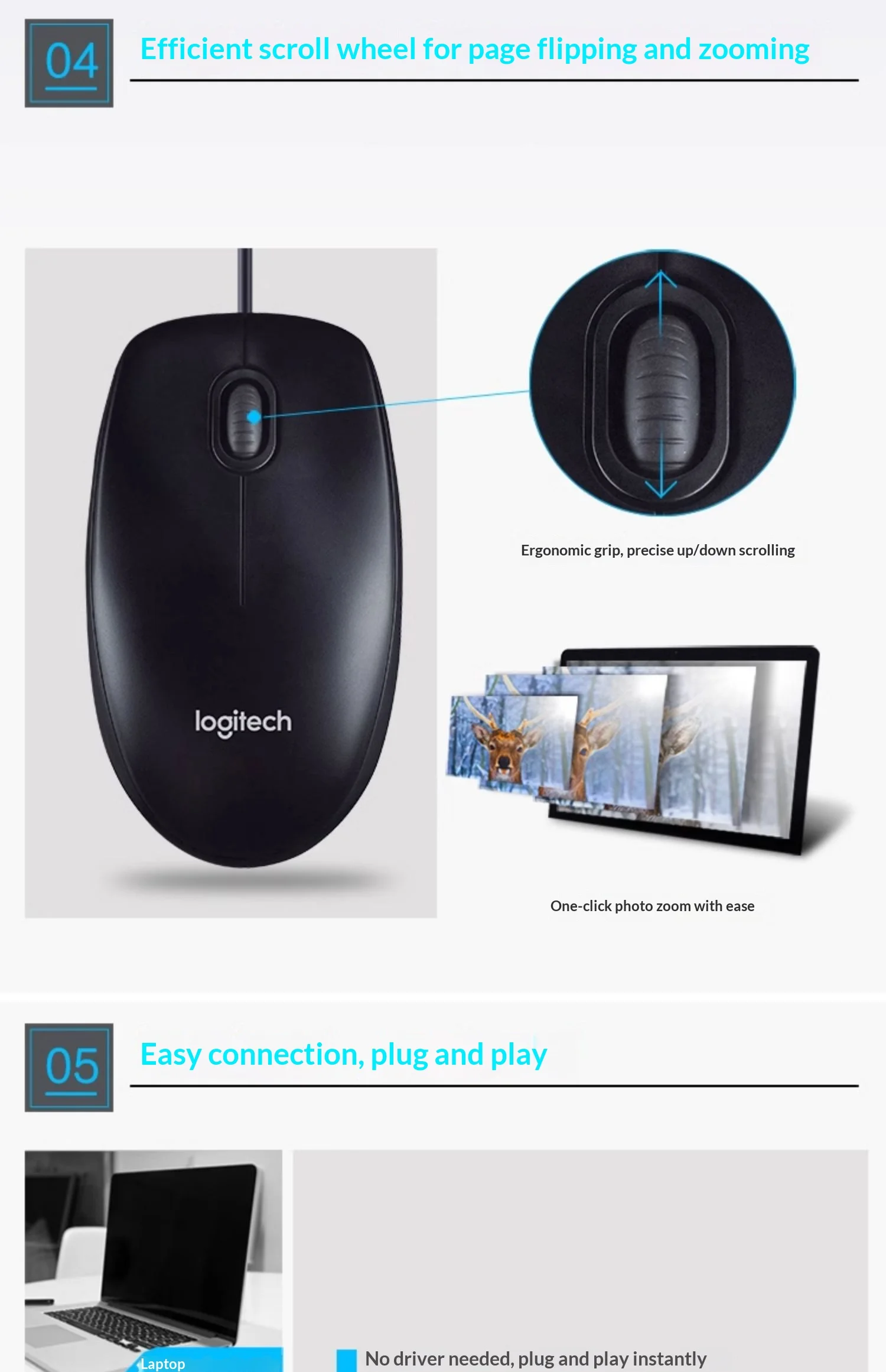 Mouse USB cablato M100R, funziona a tutti i laptop e desktop, ideale per giochi, ufficio e casa
