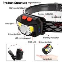 Powerfull LED Headlamp Rechargeable Body Motion Sensor Headlight Camping Flashlight Head Light Torch Lamp With USB 4