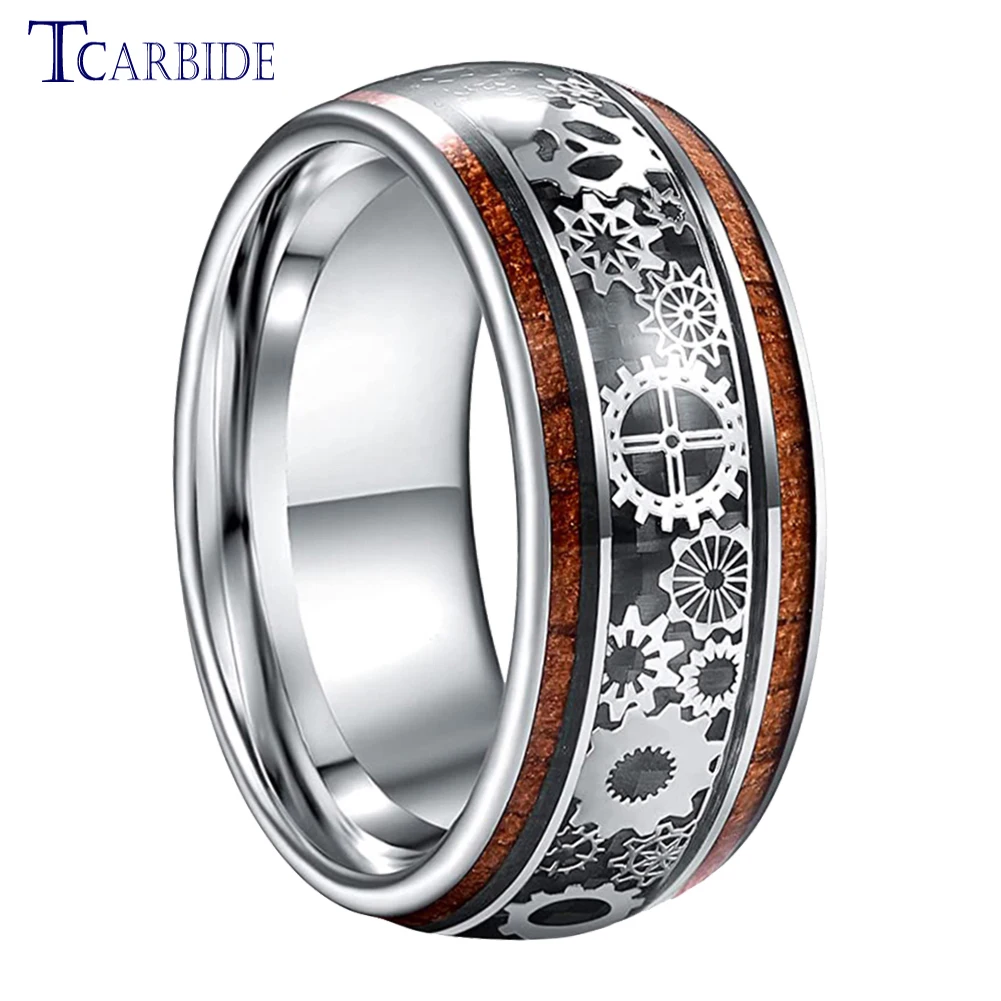 

10MM Large Width Men Tungsten Wedding Ring Mechanical Gear Wheel Wood Inlay Domed Polished Cool Gift For Boyfriend Husband