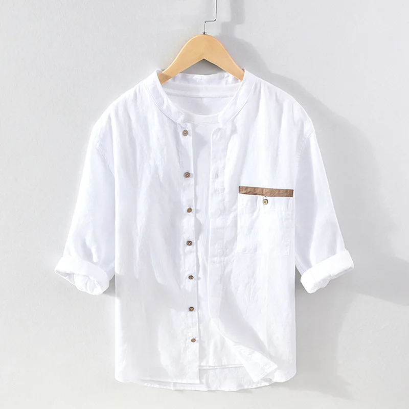 

100% Linen Shirt Men Three Quarter Sleeve Stand Collar Chinese Vintage Style Summer Fashin Blouse Pocket Patchwork Delicate Tops