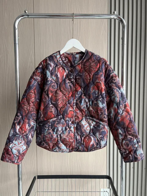 ETJ 2025 traf Women's Spring collection Elegant fashion print loose edition vintage crewneck cotton-padded jacket 6