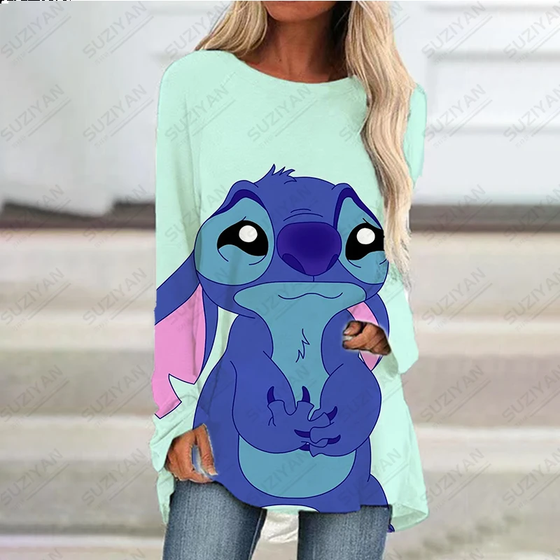 

2023 New Women's Spring Short Skirt Long Sleeve Long Top 3D Printed Disney Loose A-line Round Neck Pullover Large Stitch 626