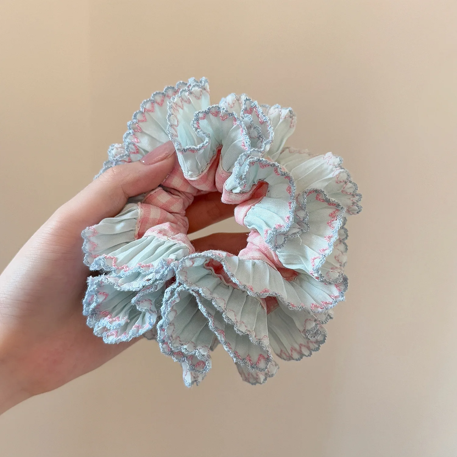 Blue Checkered Lace Elastic Hair Scrunchie - Oversized 14CM Hair Accessory