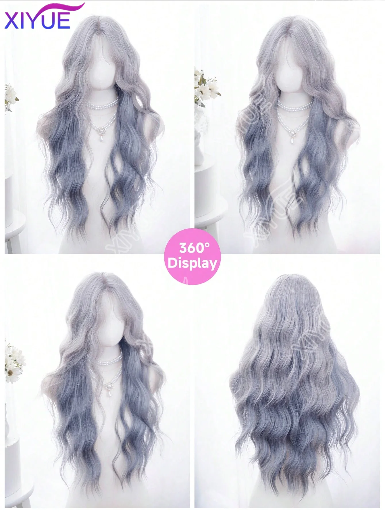 XIYUE Forehead Lace Long Wavy Wigs Hair, Gradient Grayish-Blue 30 Inch Semi Woven Daily Natural, Smooth And Realistic Wig