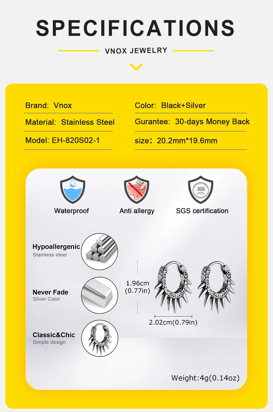 Vnox Edelstahl Punk Rhombus Creolen, hypoallergener Rock Schmuck Geschenk für Männer, coole geometrische Ohrstecker – Detail 4