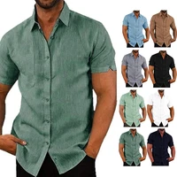 Chemises d'Été en Coton et Lin pour Homme, Chemisiers Décontractés à Manches Courtes, Couleur Unie, Col Rabattu, Vêtements de Plage Formels 1